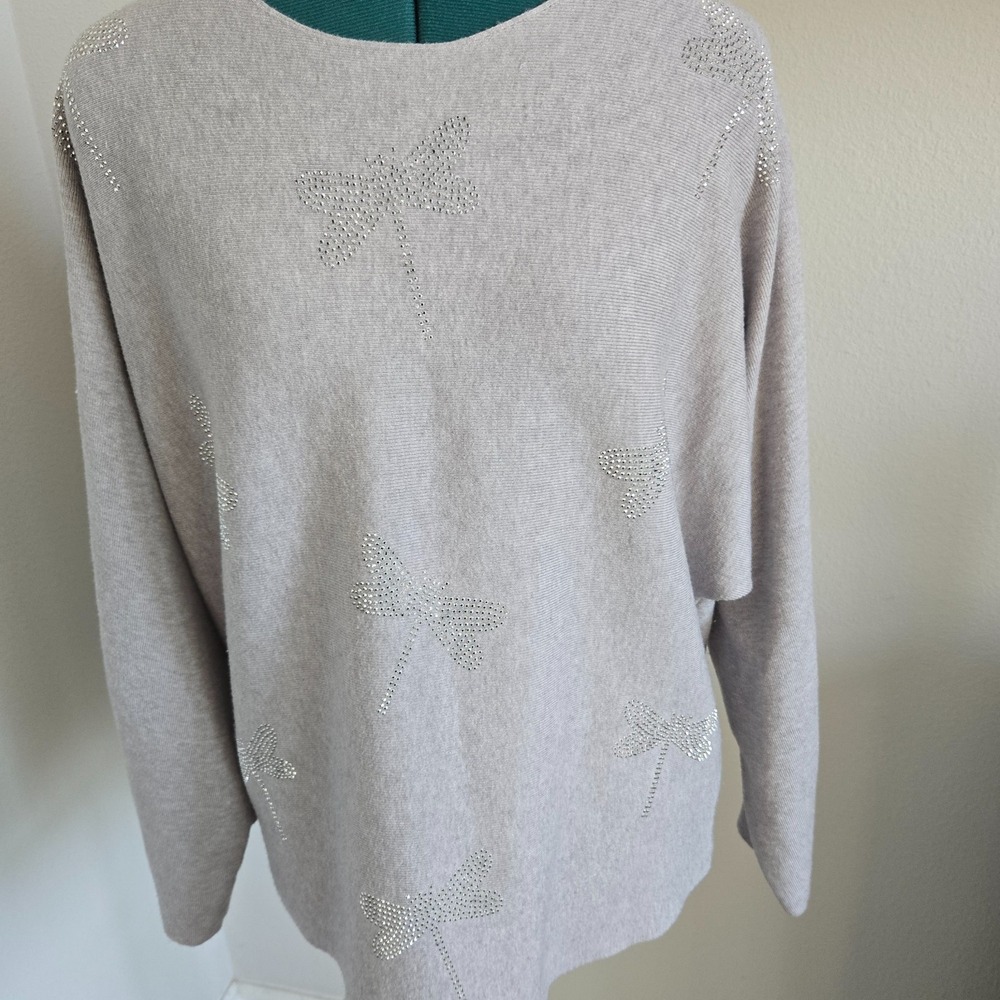 Magaschoni Sweater Women L Gray Rhinestone Dragonfly Raglan Scoop Neck Pullover